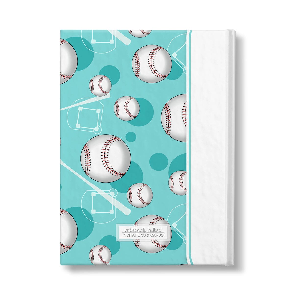Personalized Teal Baseball Journal at Artistically Invited. Back side of the book.