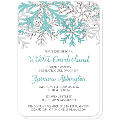 Teal Silver Snowflake 1st Birthday Winter Onederland Invitations (with rounded corners) at Artistically Invited. Pretty teal silver snowflake 1st birthday Winter Onederland invitations designed with teal, light teal, silver-colored glitter-illustrated, and light gray snowflakes along the top of the invitations. Your personalized 1st birthday party details are custom printed in teal and gray on white below the snowflakes.