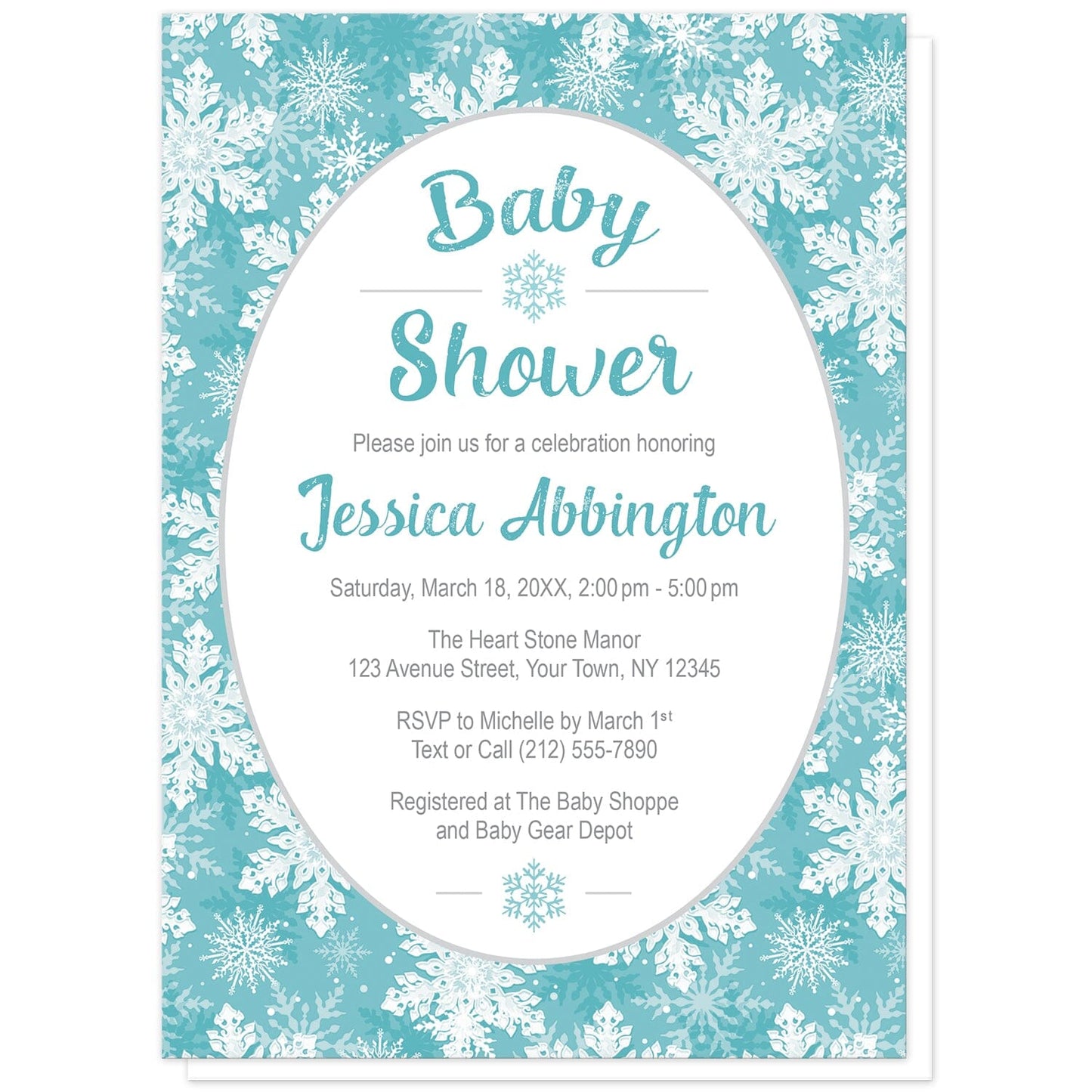 Teal Snowflake Baby Shower Invitations at Artistically Invited. Beautifully ornate teal snowflake baby shower invitations designed with your personalized baby shower details custom printed in teal and gray in a white oval frame design over a pretty teal, turquoise, and white snowflake pattern background.
