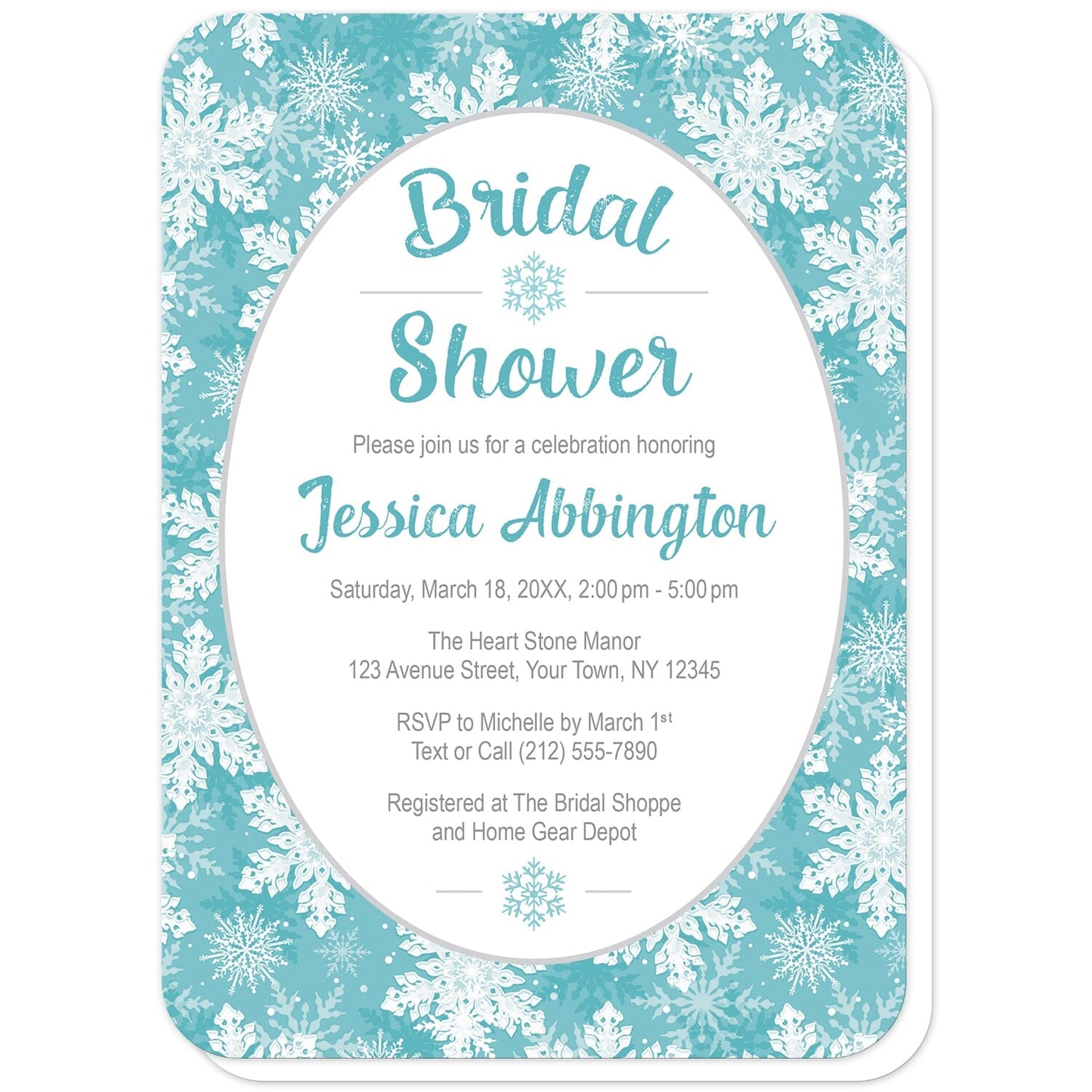 Teal Snowflake Bridal Shower Invitations (with rounded corners) at Artistically Invited. Beautifully ornate teal snowflake bridal shower invitations designed with your personalized celebration details custom printed in teal and gray in a white oval frame design over a teal, turquoise, and white snowflake pattern background.