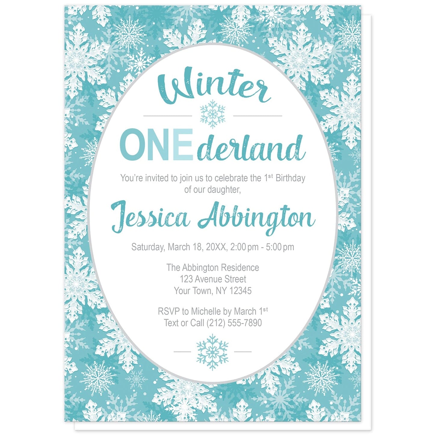 Teal Snowflake 1st Birthday Winter Onederland Invitations at Artistically Invited. Beautifully ornate teal snowflake 1st birthday Winter Onederland invitations designed with your personalized 1st birthday party details custom printed in teal and gray in a white oval frame design over a pretty teal, turquoise, and white snowflake pattern background.