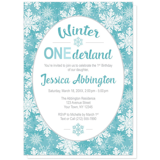 Teal Snowflake 1st Birthday Winter Onederland Invitations at Artistically Invited. Beautifully ornate teal snowflake 1st birthday Winter Onederland invitations designed with your personalized 1st birthday party details custom printed in teal and gray in a white oval frame design over a pretty teal, turquoise, and white snowflake pattern background.