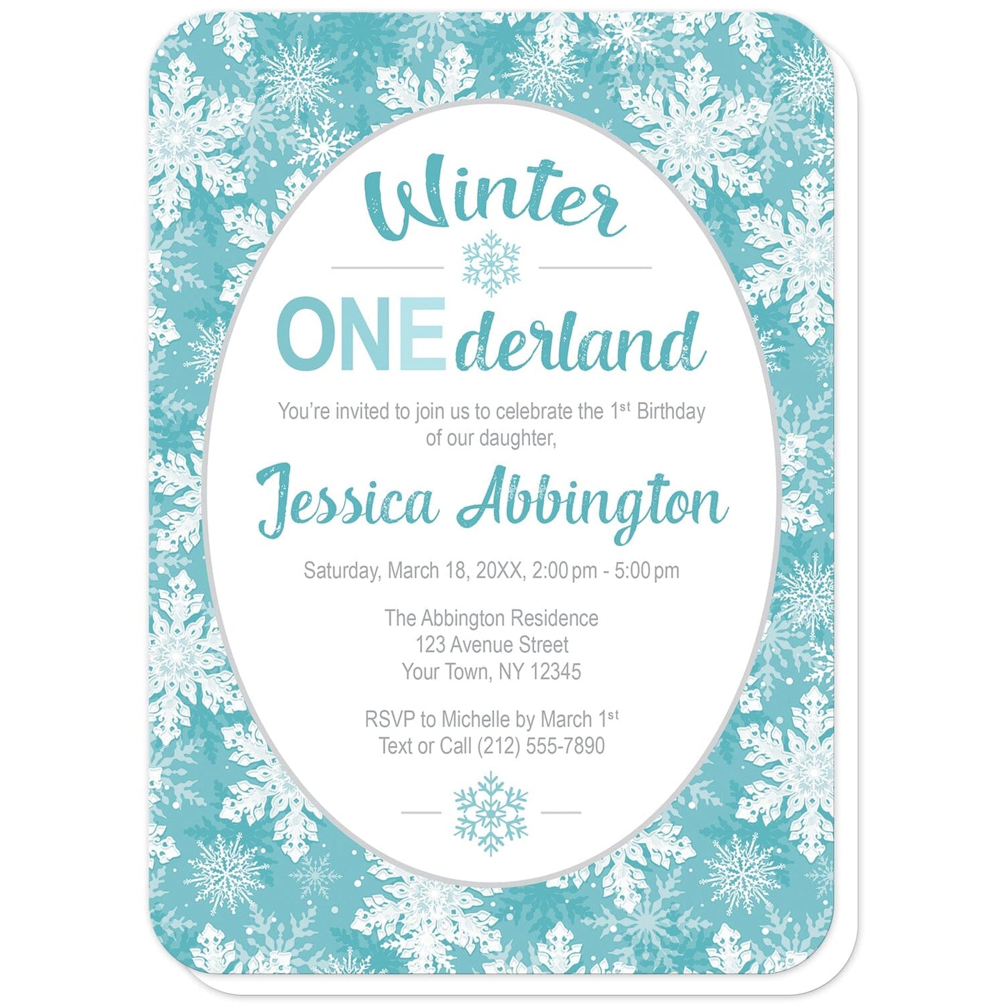 Teal Snowflake 1st Birthday Winter Onederland Invitations (with rounded corners) at Artistically Invited. Beautifully ornate teal snowflake 1st birthday Winter Onederland invitations designed with your personalized 1st birthday party details custom printed in teal and gray in a white oval frame design over a pretty teal, turquoise, and white snowflake pattern background.