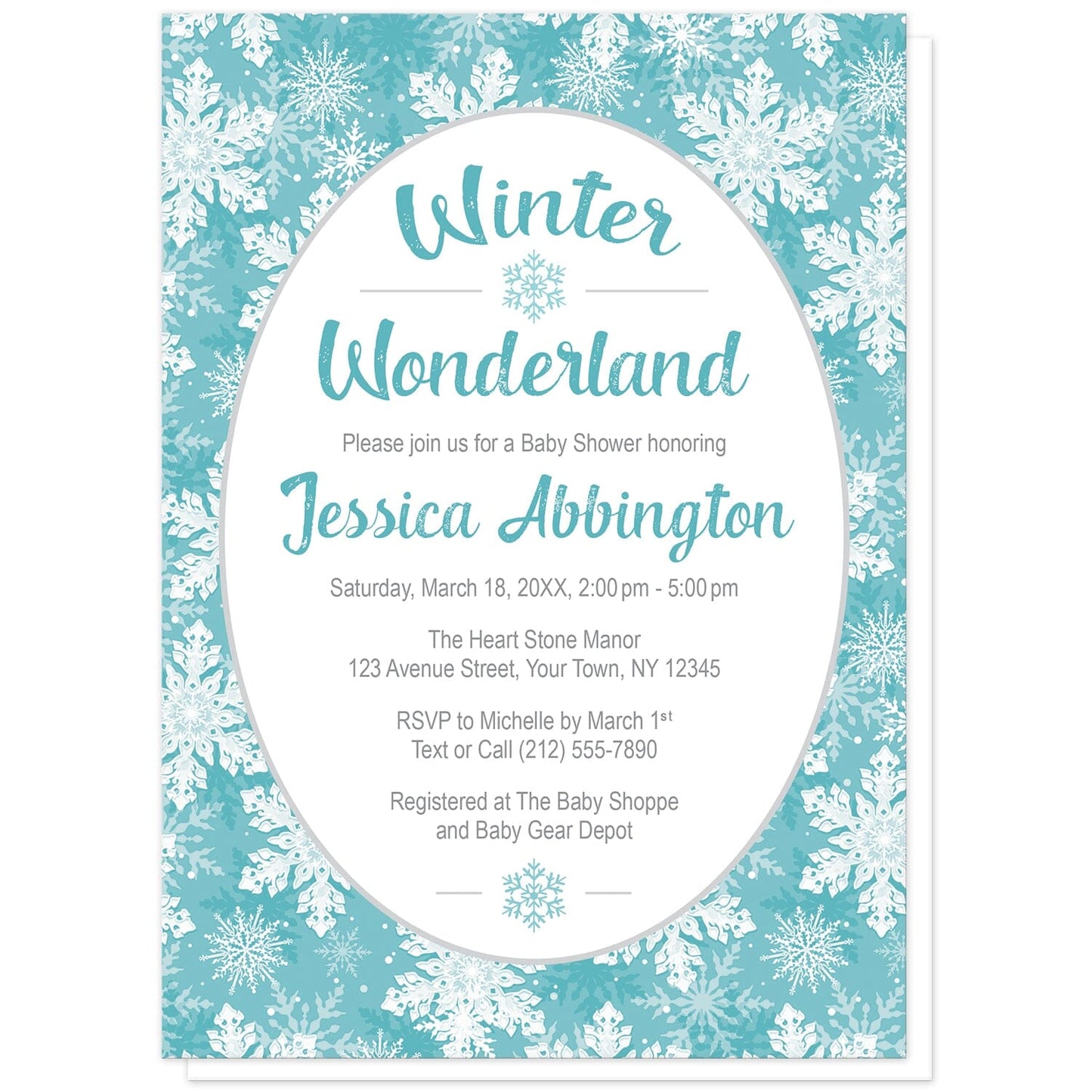Teal Snowflake Winter Wonderland Baby Shower Invitations at Artistically Invited. Beautifully ornate teal snowflake Winter Wonderland baby shower invitations designed with your personalized celebration details custom printed in teal and gray in a white oval frame design over a pretty teal, turquoise, and white snowflake pattern background.