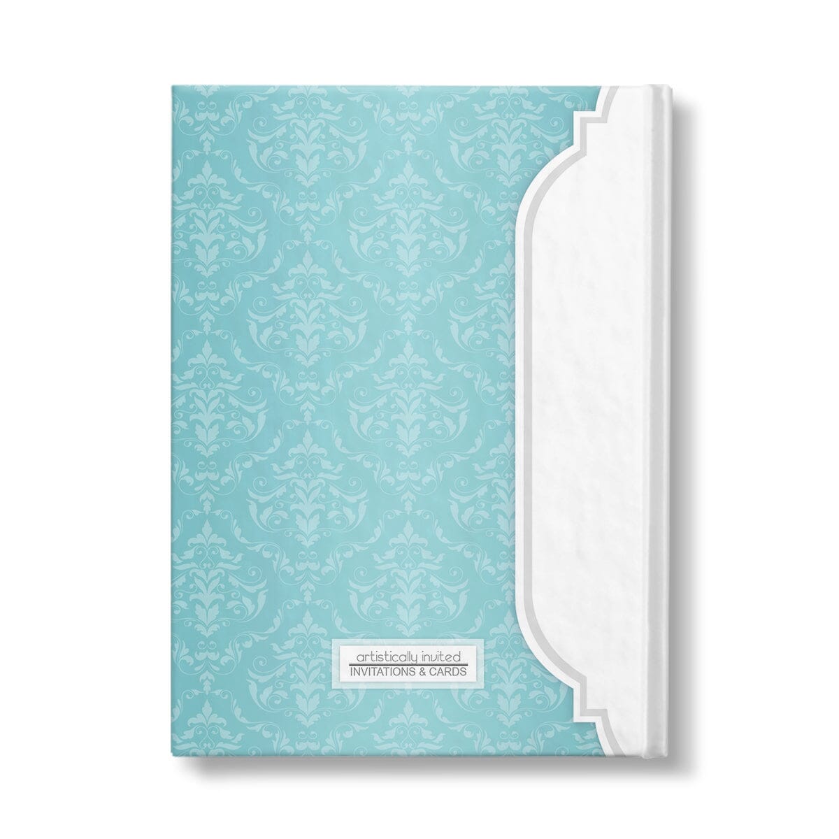 Personalized Turquoise Damask Journal at Artistically Invited. Back side of the book.