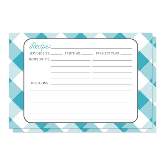 Turquoise Gingham Recipe Cards at Artistically Invited. Turquoise gingham recipe cards designed with a diagonal white and turquoise gingham pattern background. The recipe is to be handwritten over a white rectangular area outlined in gray centered over the turquoise gingham background.
