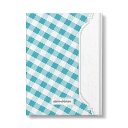 Personalized Turquoise Gingham Journal at Artistically Invited. Back side of the book.