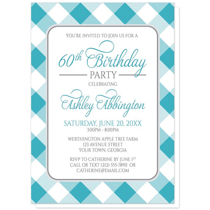Turquoise Gingham Birthday Party Invitations at Artistically Invited. Turquoise gingham birthday party invitations with your personalized party details custom printed in turquoise and gray inside a white rectangular area outlined in gray. The background design is a diagonal turquoise and white gingham pattern. 