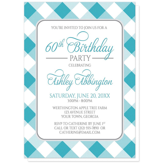 Turquoise Gingham Birthday Party Invitations at Artistically Invited. Turquoise gingham birthday party invitations with your personalized party details custom printed in turquoise and gray inside a white rectangular area outlined in gray. The background design is a diagonal turquoise and white gingham pattern. 