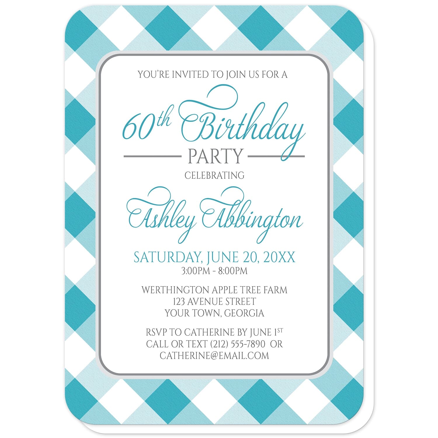 Turquoise Gingham Birthday Party Invitations (with rounded corners) at Artistically Invited. Turquoise gingham birthday party invitations with your personalized party details custom printed in turquoise and gray inside a white rectangular area outlined in gray. The background design is a diagonal turquoise and white gingham pattern. 