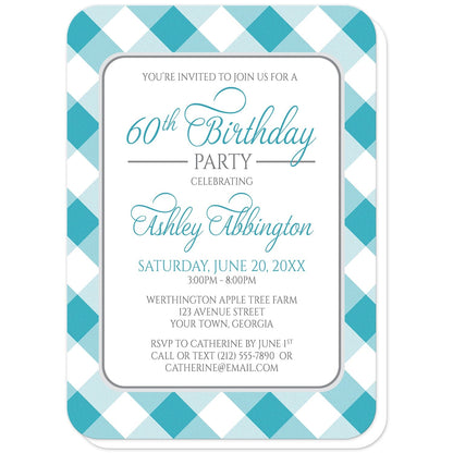 Turquoise Gingham Birthday Party Invitations (with rounded corners) at Artistically Invited. Turquoise gingham birthday party invitations with your personalized party details custom printed in turquoise and gray inside a white rectangular area outlined in gray. The background design is a diagonal turquoise and white gingham pattern. 
