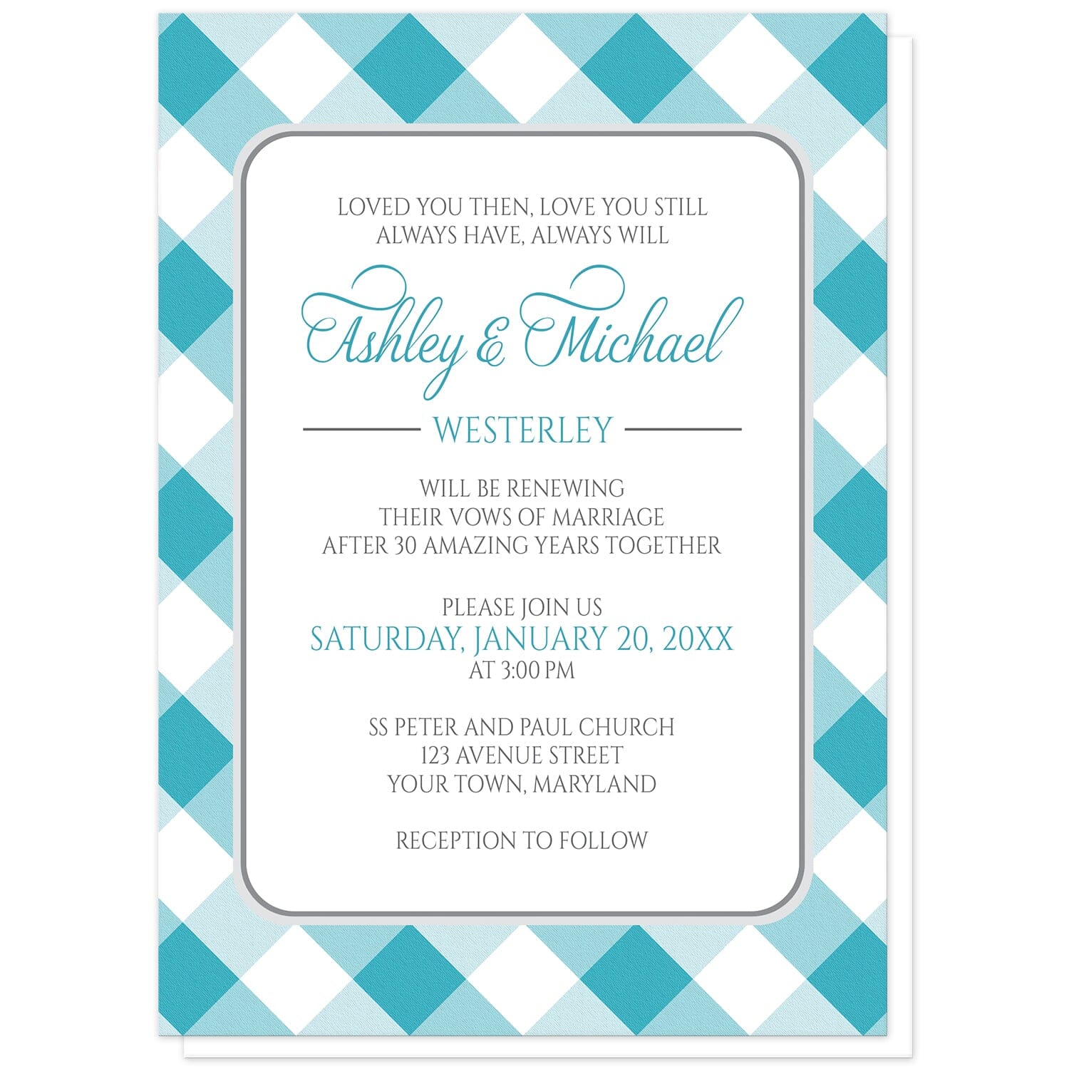Turquoise Gingham Vow Renewal Invitations at Artistically Invited. Turquoise gingham vow renewal invitations with your personalized ceremony details custom printed in turquoise and gray inside a white rectangular area outlined in gray. The background design is a diagonal turquoise and white gingham pattern. 