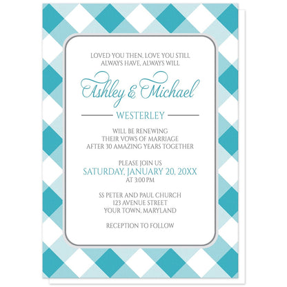 Turquoise Gingham Vow Renewal Invitations at Artistically Invited. Turquoise gingham vow renewal invitations with your personalized ceremony details custom printed in turquoise and gray inside a white rectangular area outlined in gray. The background design is a diagonal turquoise and white gingham pattern. 
