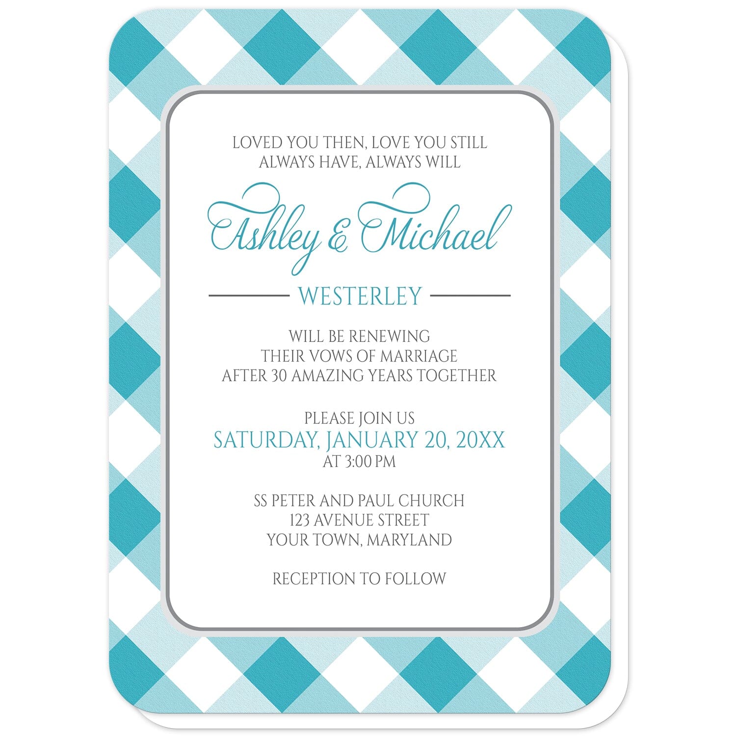 Turquoise Gingham Vow Renewal Invitations (with rounded corners) at Artistically Invited. Turquoise gingham vow renewal invitations with your personalized ceremony details custom printed in turquoise and gray inside a white rectangular area outlined in gray. The background design is a diagonal turquoise and white gingham pattern. 