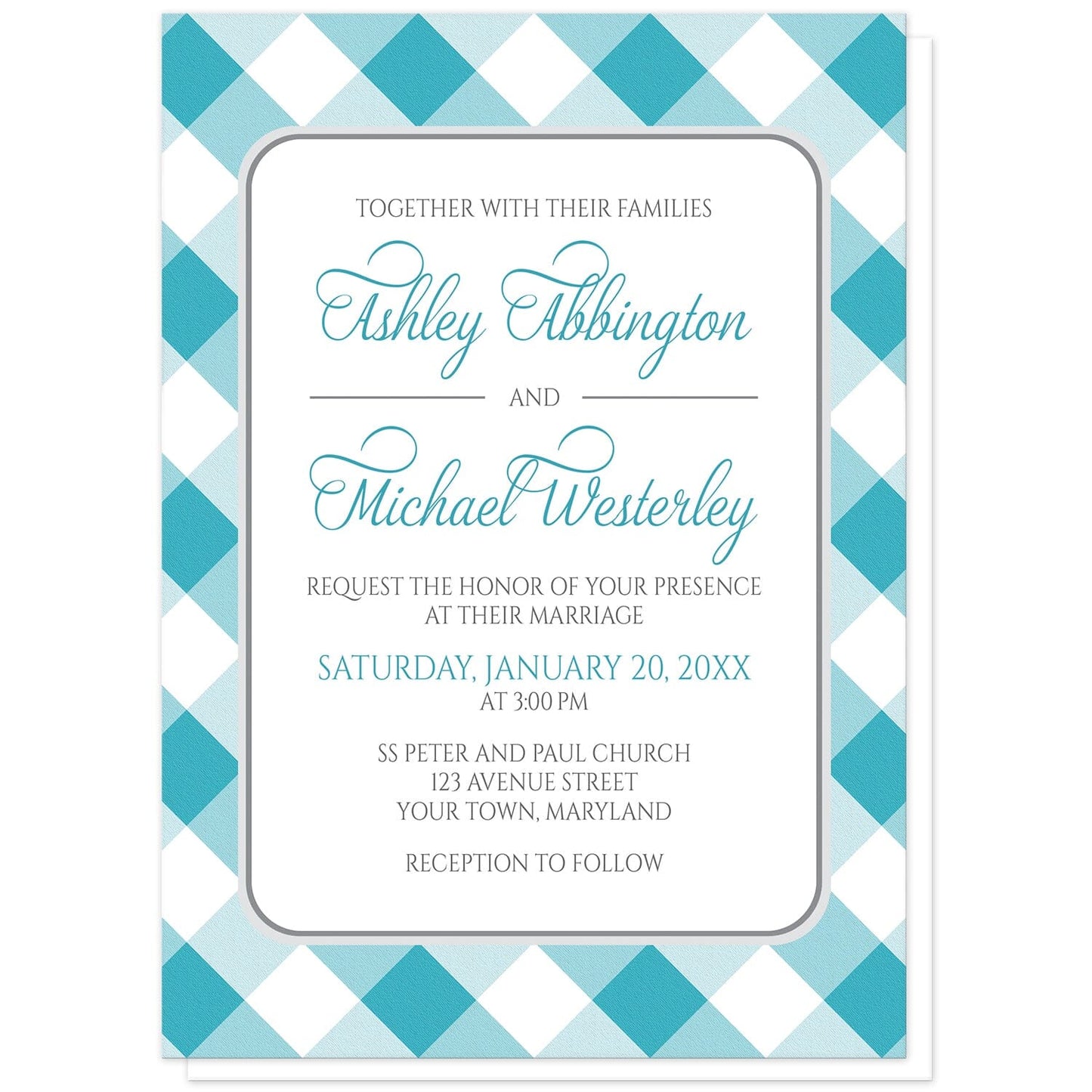 Turquoise Gingham Wedding Invitations at Artistically Invited. Turquoise gingham wedding invitations with your personalized wedding ceremony details custom printed in turquoise and gray inside a white rectangular area outlined in gray. The background design is a diagonal turquoise and white gingham pattern. 