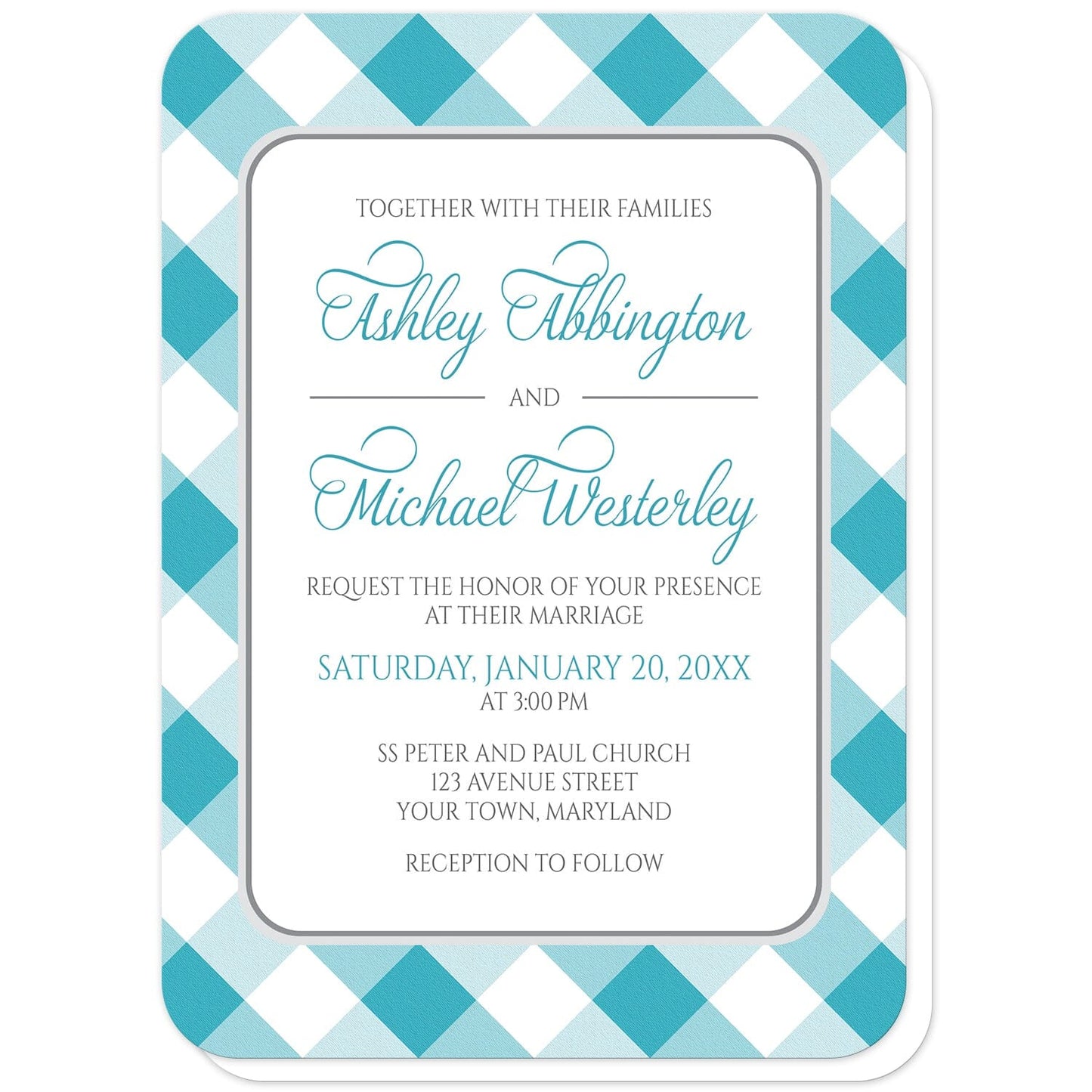 Turquoise Gingham Wedding Invitations (with rounded corners) at Artistically Invited. Turquoise gingham wedding invitations with your personalized wedding ceremony details custom printed in turquoise and gray inside a white rectangular area outlined in gray. The background design is a diagonal turquoise and white gingham pattern. 
