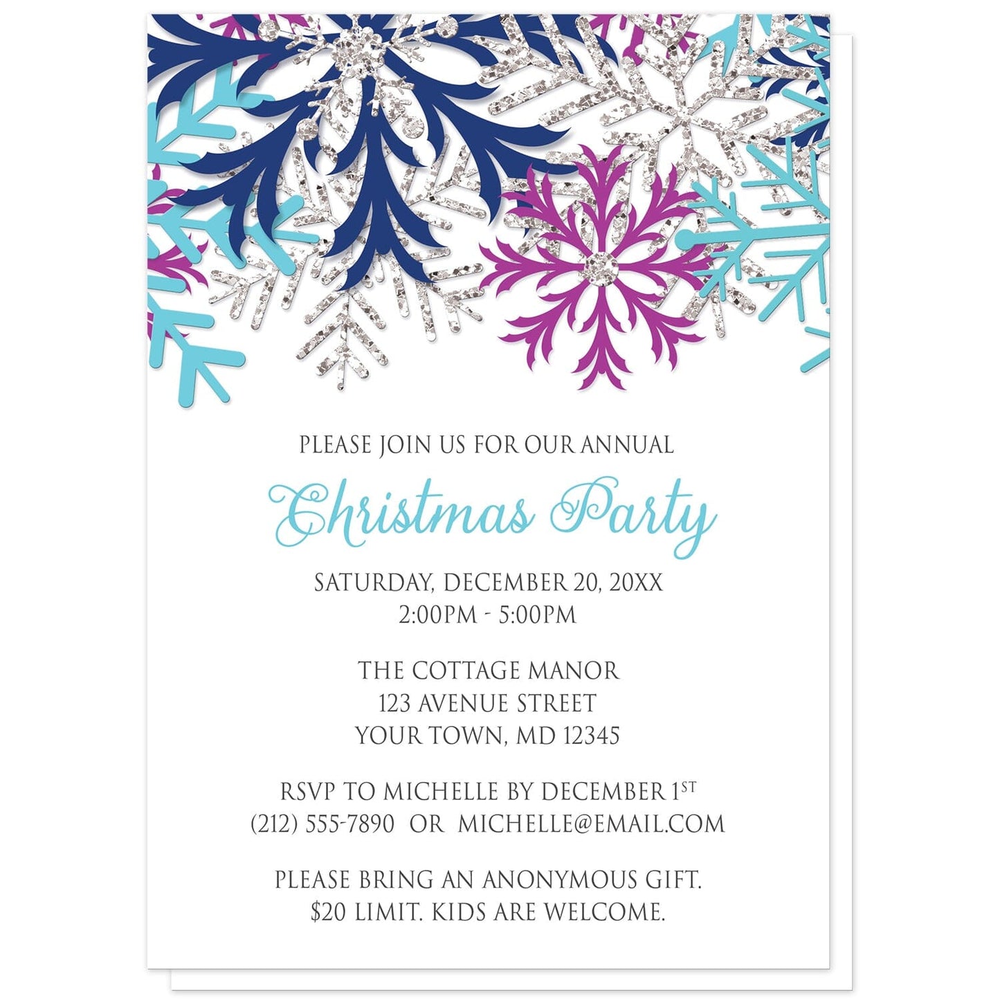 Turquoise Navy Orchid Silver Snowflake Christmas Invitations at Artistically Invited. Beautiful turquoise navy orchid silver snowflake Christmas invitations with turquoise blue, navy blue, orchid purple, and silver-colored glitter-illustrated snowflakes over a white background. Your personalized party details for your home or office party are custom printed in turquoise blue and gray over white below the pretty snowflakes. 