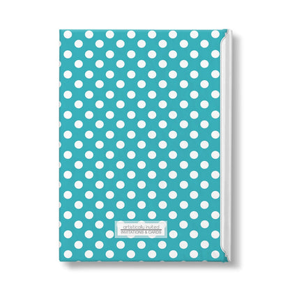 Personalized Turquoise Polka Dot Journal at Artistically Invited. Back side of the book.
