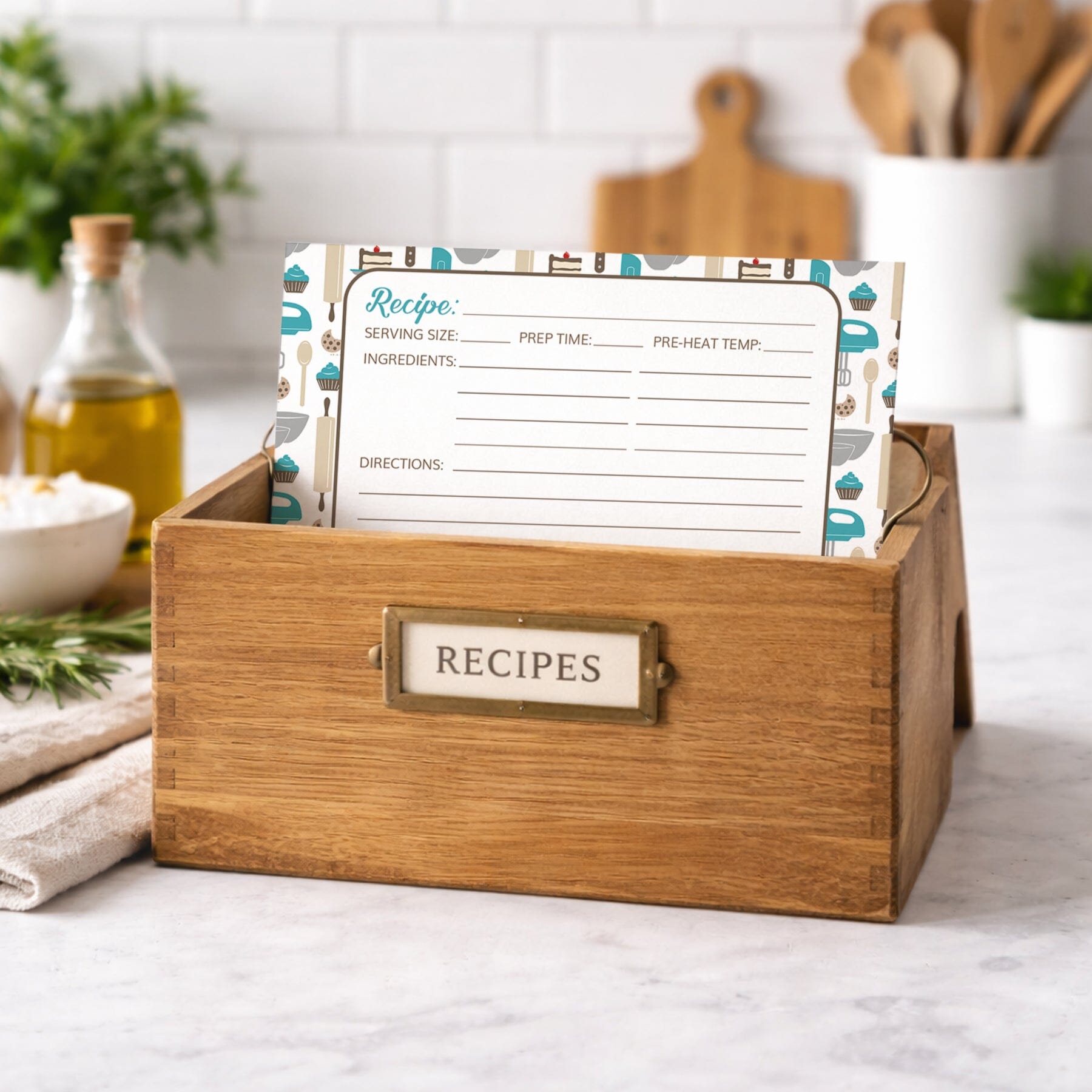 Wooden recipe box with Turquoise Baking Pattern Recipe Card on a kitchen counter