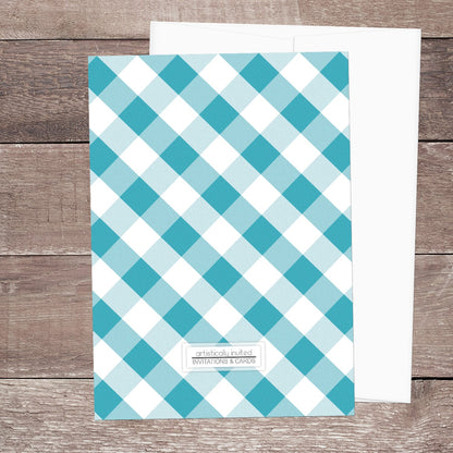 Backside of the invitations is printed with the turquoise gingham pattern when the printed upgrade is purchased