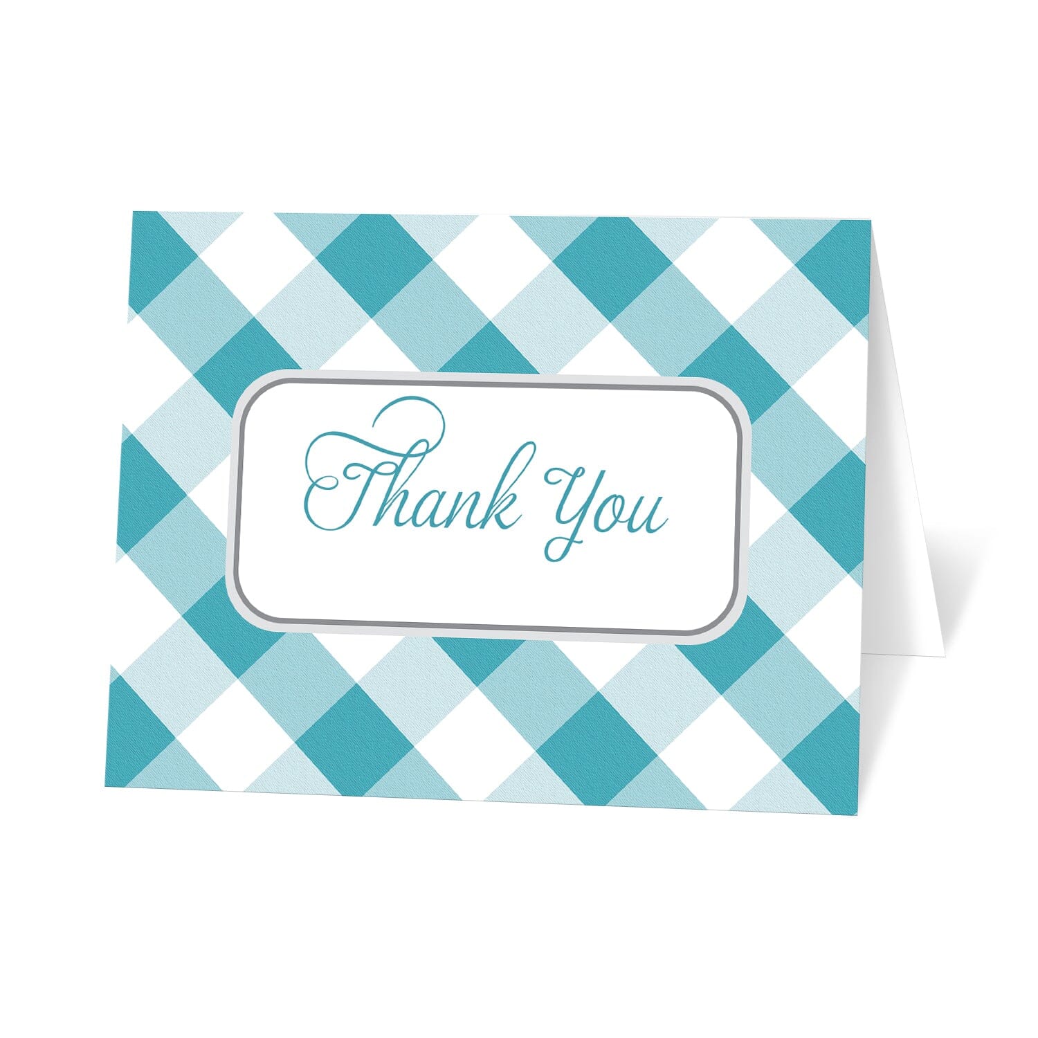 Turquoise Gingham Thank You Cards at Artistically Invited. Turquoise gingham thank you cards with 'Thank You' printed in a turquoise script font inside a white rounded corner frame outlined in gray. The background of these turquoise gingham thank you cards is a classic southern turquoise and white gingham pattern. 