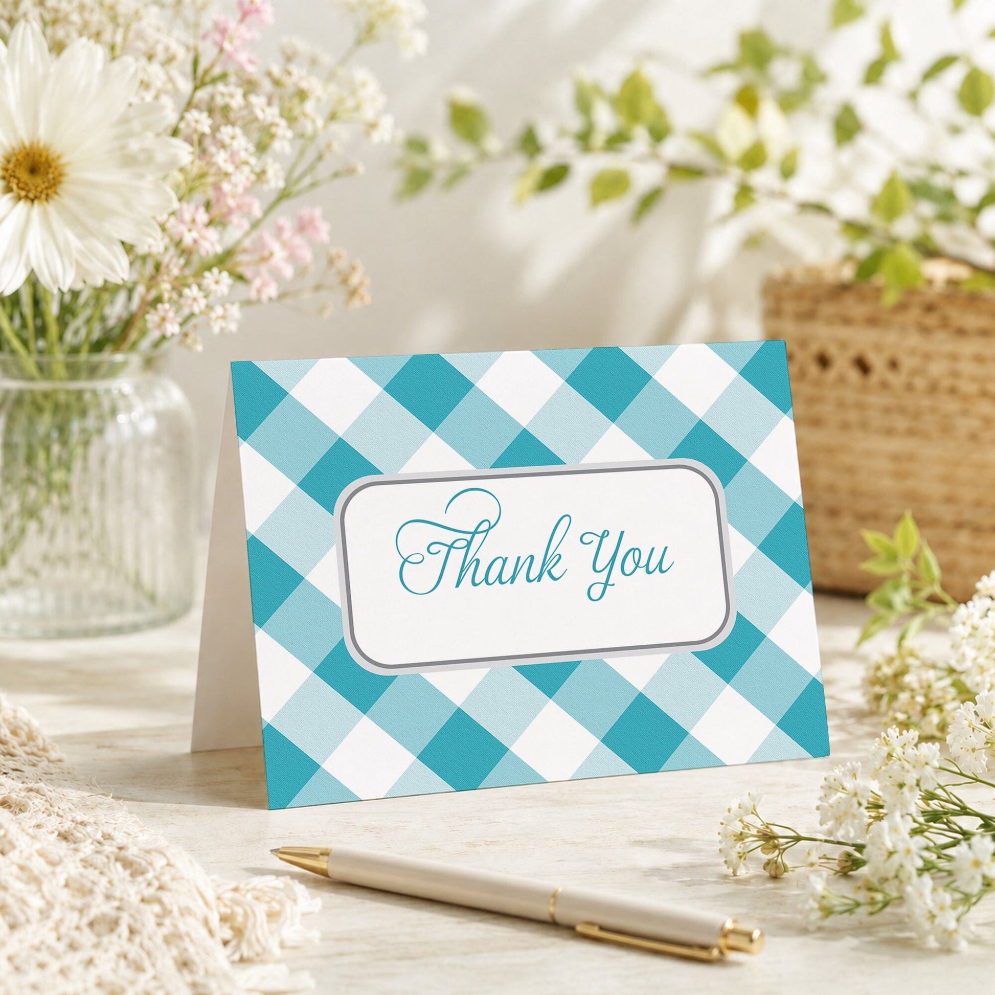 Turquoise Gingham Thank You Card shown on a tabletop with a vase, spring and summer flowers, and a pen.