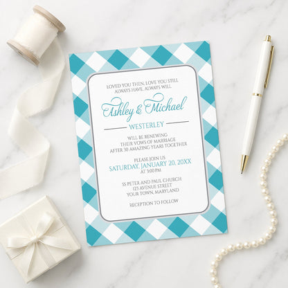 Turquoise Gingham Vow Renewal Invitation shown on a marble surface with a white gift box, pen, ribbon, and pearls.