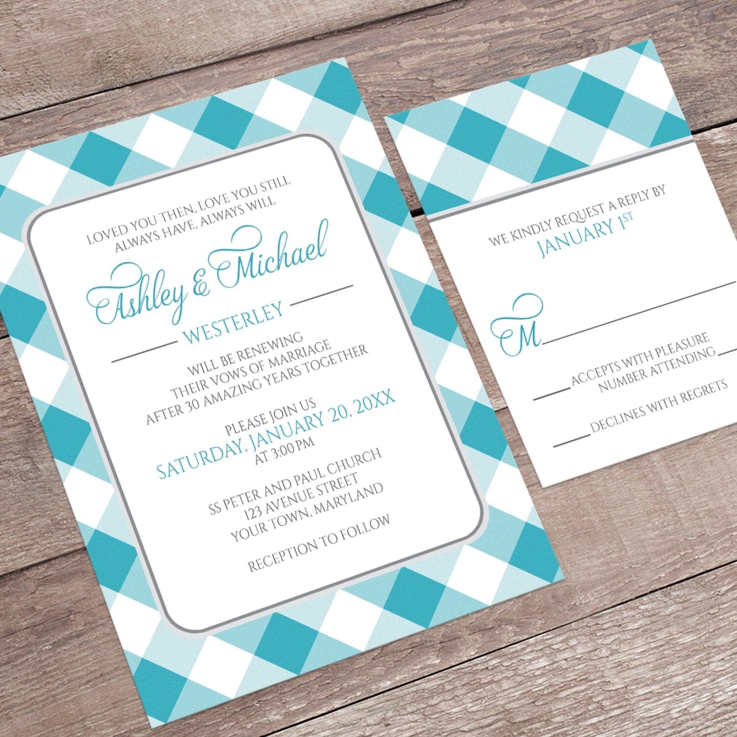 Turquoise Gingham Vow Renewal Invitation shown at an angle on a brown wood surface with the matching RSVP card.