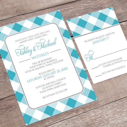 Turquoise Gingham Vow Renewal Invitation shown at an angle on a brown wood surface with the matching RSVP card.