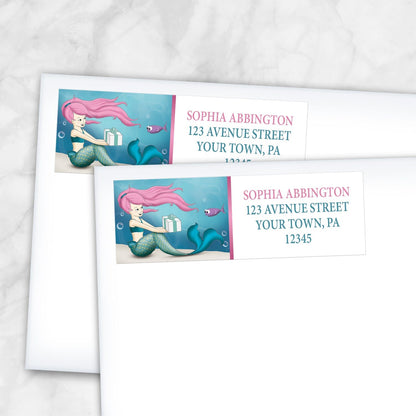 2 Under the Sea Mermaid Return Address Labels shown on white envelopes on a marble surface