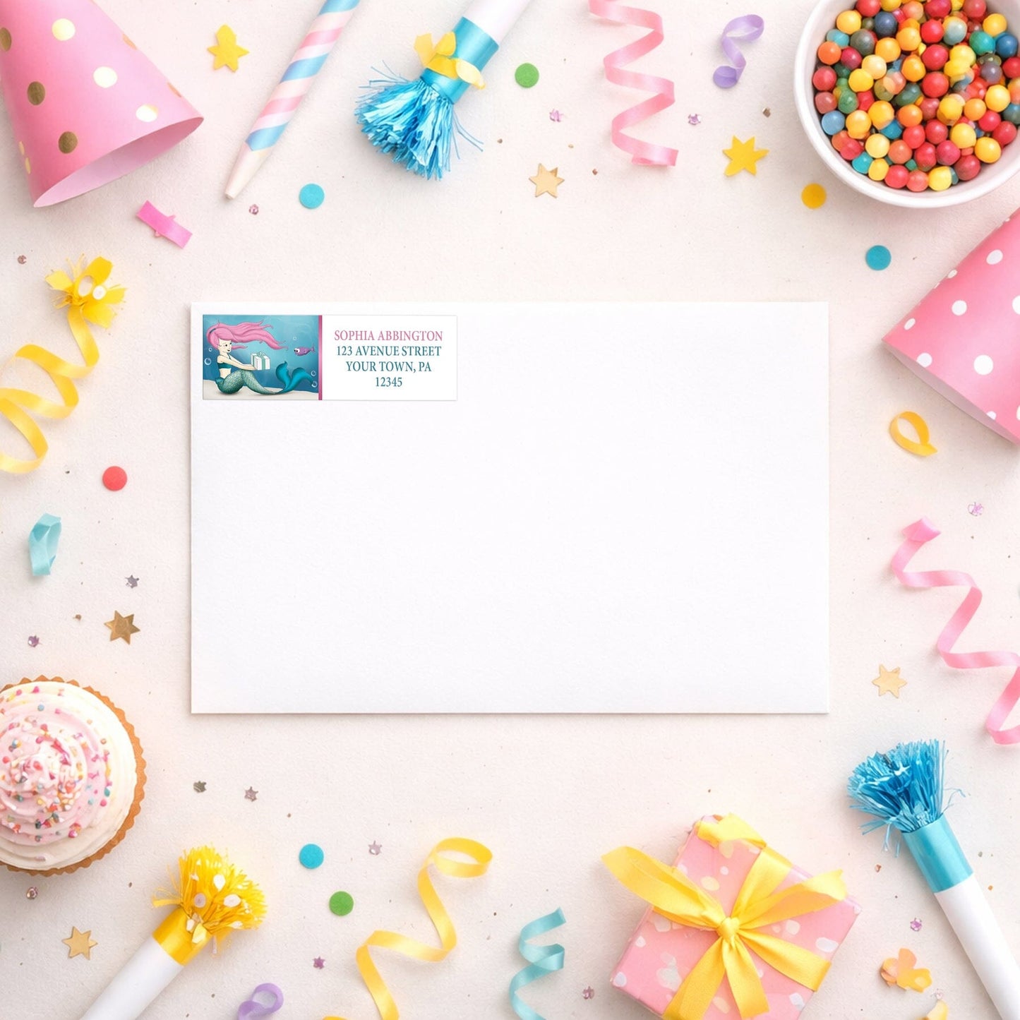 Under the Sea Mermaid Return Address Label shown on a white envelope with party supplies