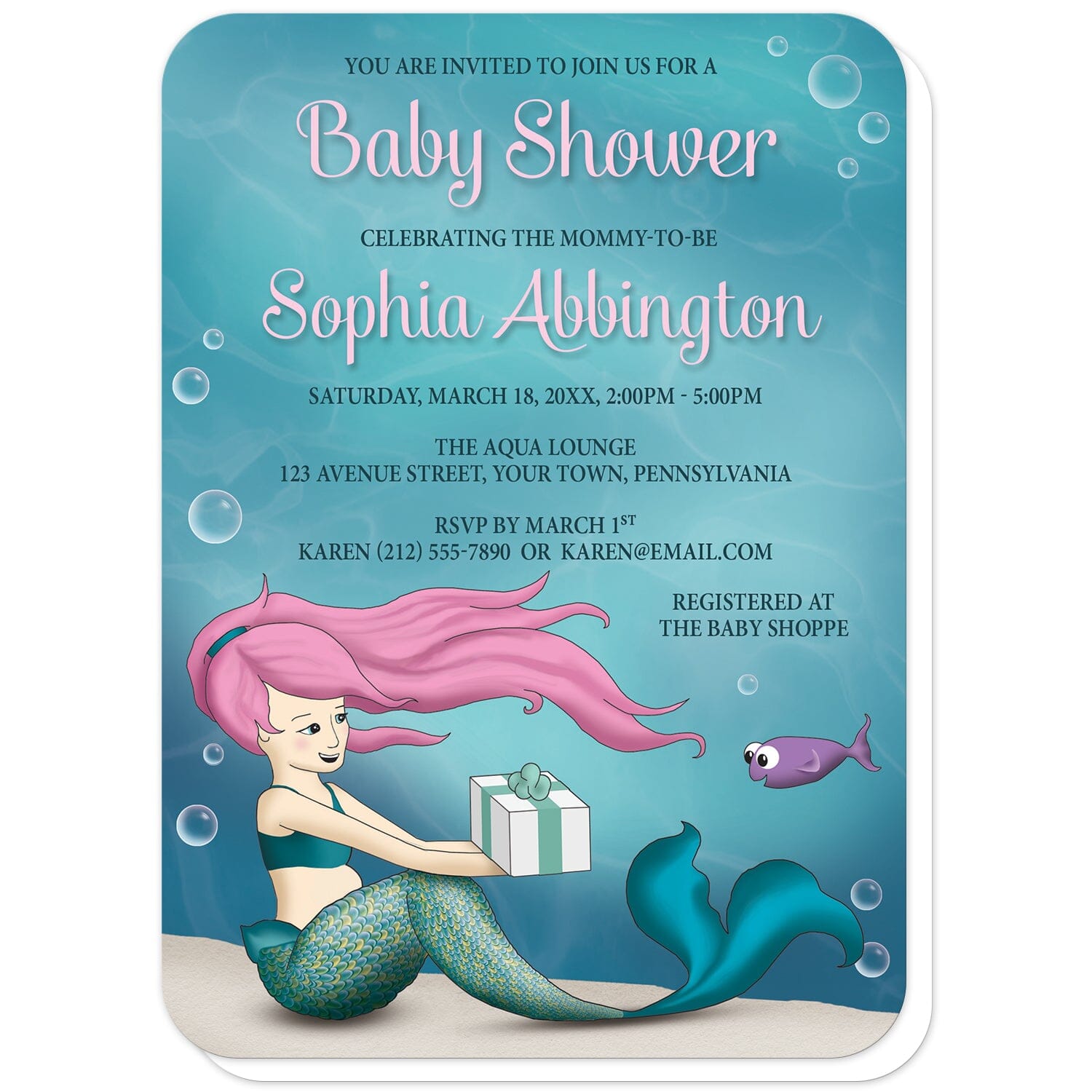 Under the Sea Mermaid Baby Shower Invitations (with rounded corners) at Artistically Invited. Uniquely illustrated under the sea mermaid baby shower invitations with an expecting mermaid with pink hair receiving a gift from a happy little purple fish. This underwater illustration has an aqua blue water background sprinkled with whimsical bubbles. Your personalized baby shower celebration details are custom printed in pink and dark blue over the underwater design.