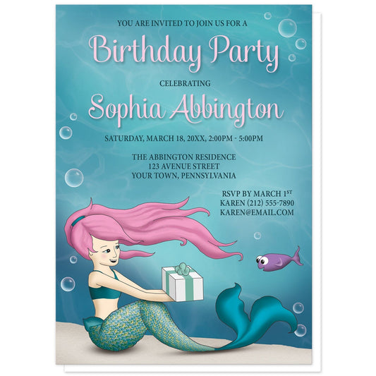Under the Sea Mermaid Birthday Party Invitations at Artistically Invited. Uniquely illustrated under the sea mermaid birthday party invitations with a mermaid with pink hair receiving a gift from a happy little purple fish. This underwater illustration has an aqua blue water background sprinkled with whimsical bubbles. Your personalized birthday party celebration details are custom printed in pink and dark blue over the underwater design.