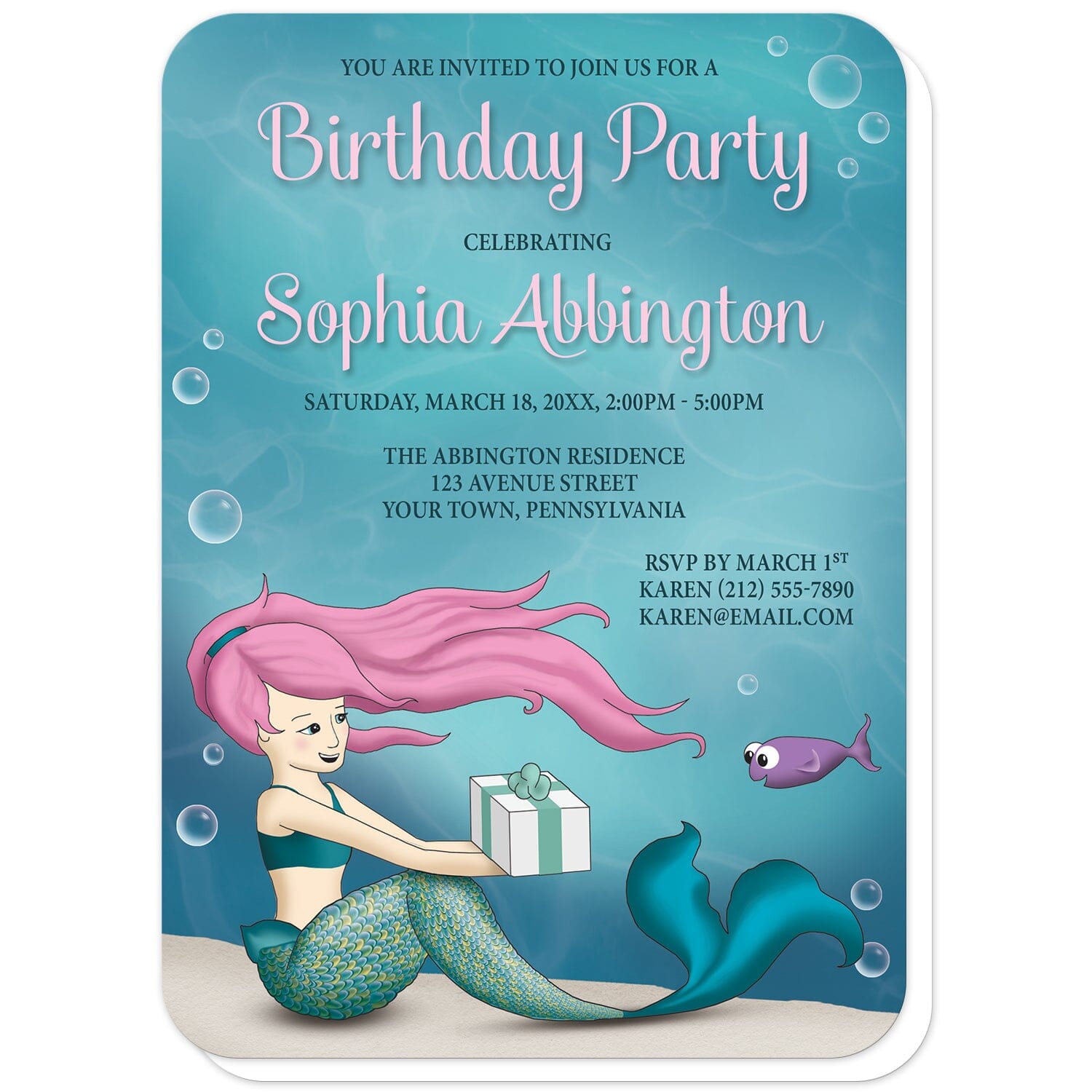 Under the Sea Mermaid Birthday Party Invitations (with rounded corners) at Artistically Invited. Uniquely illustrated under the sea mermaid birthday party invitations with a mermaid with pink hair receiving a gift from a happy little purple fish. This underwater illustration has an aqua blue water background sprinkled with whimsical bubbles. Your personalized birthday party celebration details are custom printed in pink and dark blue over the underwater design.