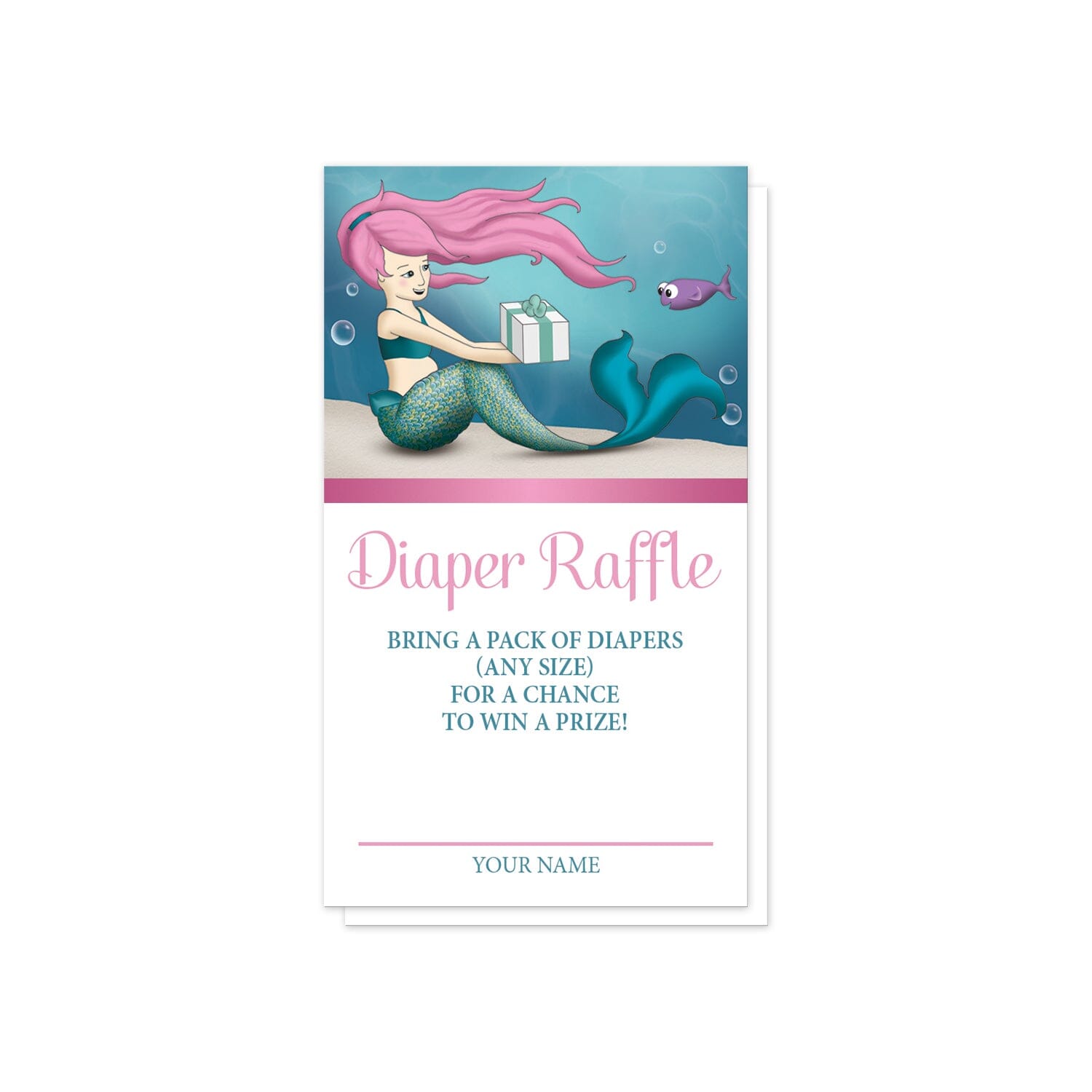 Under the Sea Mermaid Diaper Raffle Cards at Artistically Invited. Uniquely illustrated under the sea mermaid diaper raffle cards designed with an expecting mermaid with pink hair receiving a gift from a happy little purple fish at the top. Your diaper raffle details are printed in pink and turquoise on white below the mermaid design.