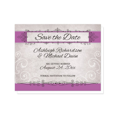 Vintage Orchid Purple Ornate Save the Date Cards at Artistically Invited. Pretty vintage orchid purple ornate save the date cards elegant purple orchid stripes with ornate black flourish frames and lines over them on a vintage grayish weathered background with white line flourishes. Your personalized wedding date details are custom printed in black between the purple stripes over the gray background. 