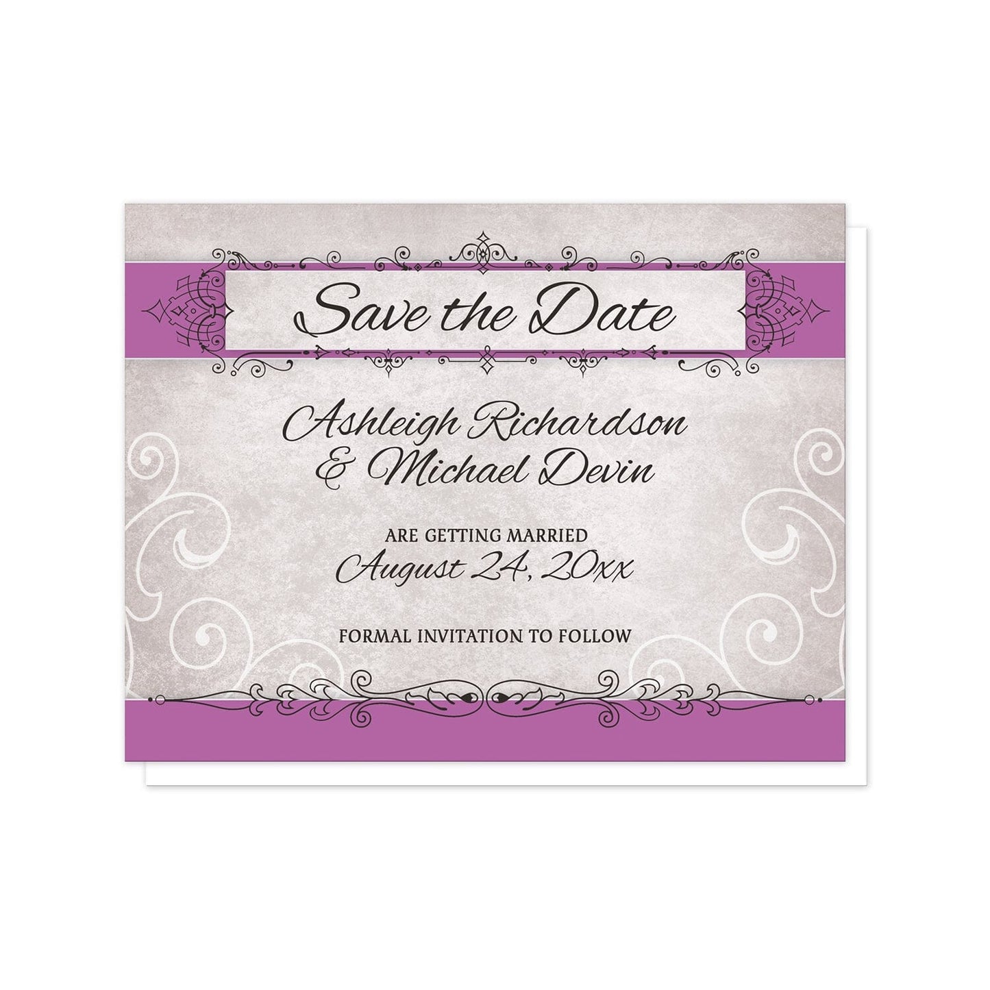 Vintage Orchid Purple Ornate Save the Date Cards at Artistically Invited. Pretty vintage orchid purple ornate save the date cards elegant purple orchid stripes with ornate black flourish frames and lines over them on a vintage grayish weathered background with white line flourishes. Your personalized wedding date details are arranged in black between the purple stripes over the gray background. 