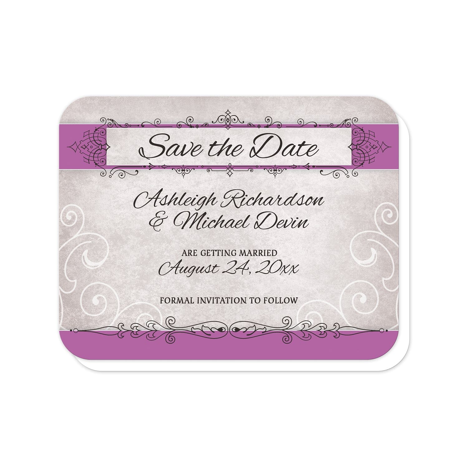 Vintage Orchid Purple Ornate Save the Date Cards (with rounded corners) at Artistically Invited. Pretty vintage orchid purple ornate save the date cards elegant purple orchid stripes with ornate black flourish frames and lines over them on a vintage grayish weathered background with white line flourishes. Your personalized wedding date details are custom printed in black between the purple stripes over the gray background. 