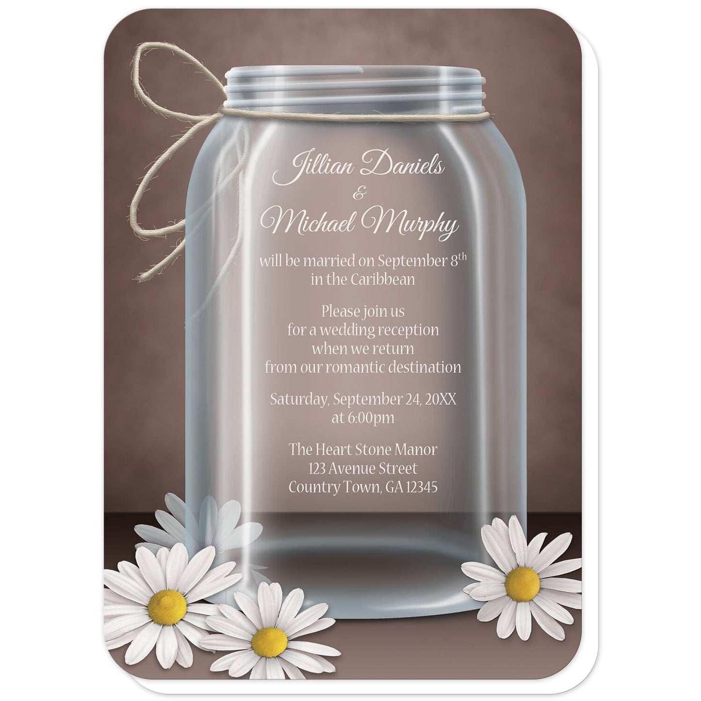 Vintage Rustic Mason Jar Daisy Reception Only Invitations (with rounded corners) at Artistically Invited. Beautiful vintage rustic mason jar daisy reception only invitations with an illustration of a glass mason jar with twine tied around the neck of it, white and yellow daisies laying at the foot of the jar, and a vintage brown background. Your personalized post-wedding reception details are custom printed in white over the mason jar area of the design.