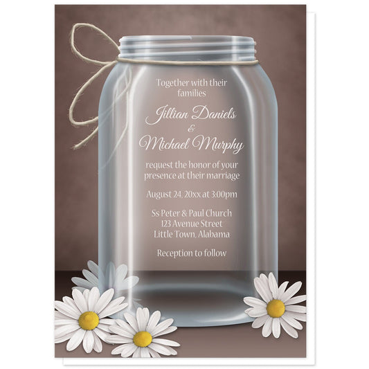Vintage Rustic Mason Jar Daisy Wedding Invitations at Artistically Invited. Beautiful vintage rustic mason jar daisy wedding invitations with an illustration of a glass mason jar with twine tied around the neck of it, white and yellow daisies laying at the foot of the jar, and a vintage brown background. Your personalized marriage celebration details are custom printed in white over the mason jar area of the design.