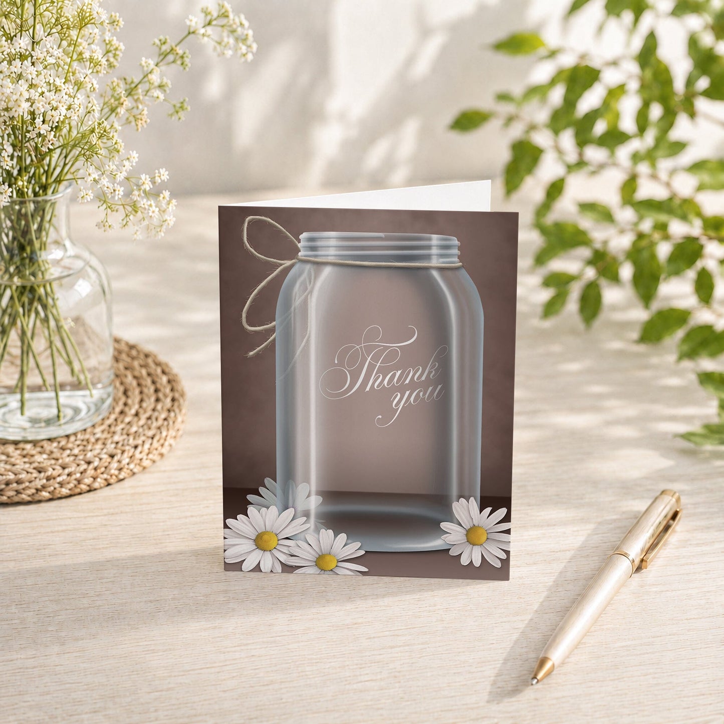 Vintage Rustic Mason Jar Daisy Thank You Card shown on a tabletop with a vase, spring and summer flowers, and a pen.