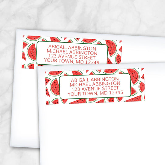2 Watermelon Slices Address Labels shown on white envelopes on a marble surface
