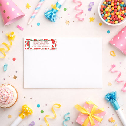 Watermelon Slices Address Label shown on a white envelope with party supplies