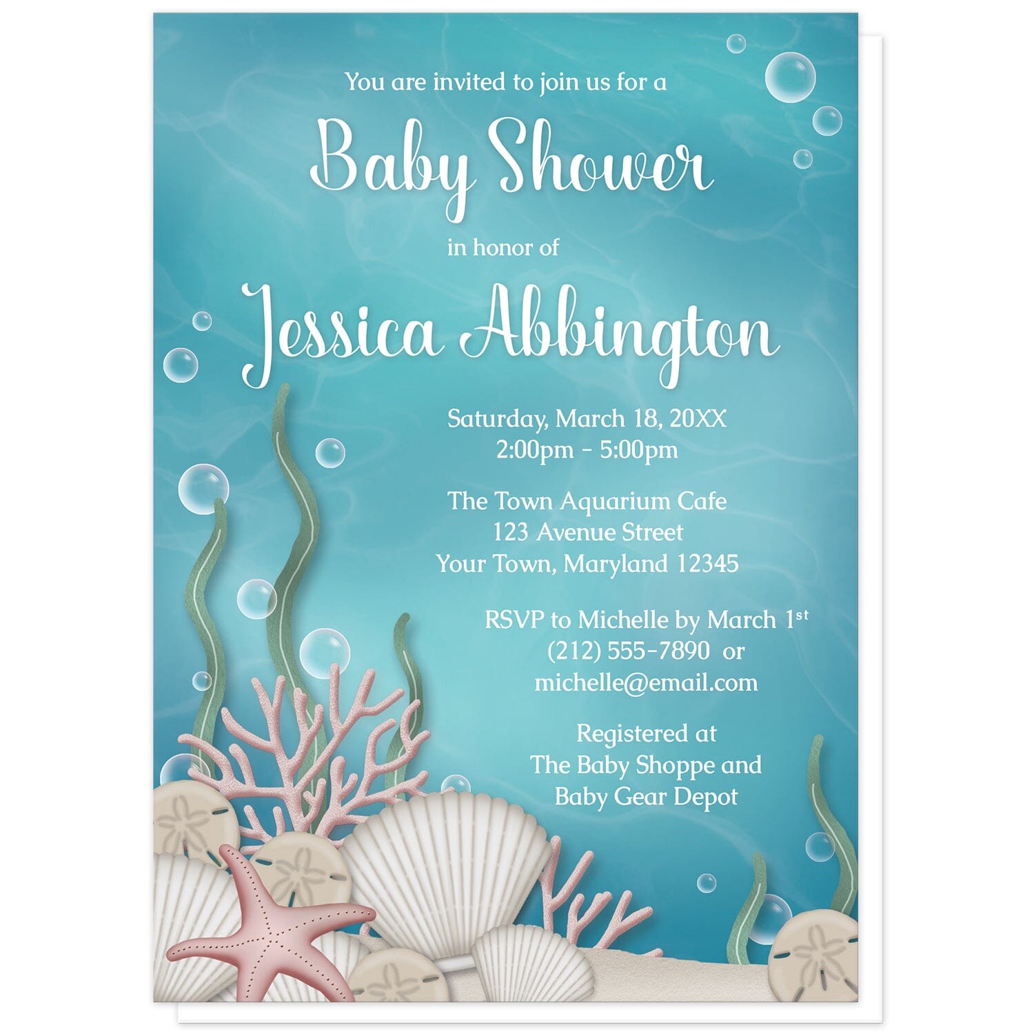 Whimsical Under the Sea Baby Shower Invitations at Artistically Invited. Beautifully illustrated whimsical under the sea baby shower invitations with an under the sea or aquarium theme. They are designed with a sandy seabed, assorted seashells, bubbles, coral, and kelp with an underwater aqua blue water background. Your personalized baby shower celebration details are custom printed in white over the water background.