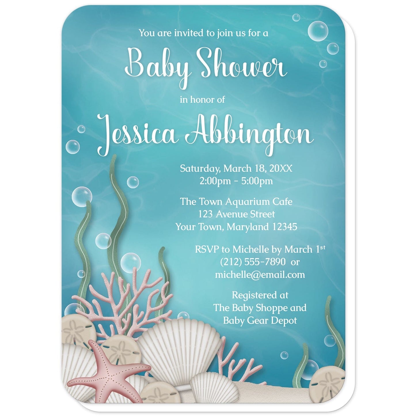 Whimsical Under the Sea Baby Shower Invitations (with rounded corners) at Artistically Invited. Beautifully illustrated whimsical under the sea baby shower invitations with an under the sea or aquarium theme. They are designed with a sandy seabed, assorted seashells, bubbles, coral, and kelp with an underwater aqua blue water background. Your personalized baby shower celebration details are custom printed in white over the water background.