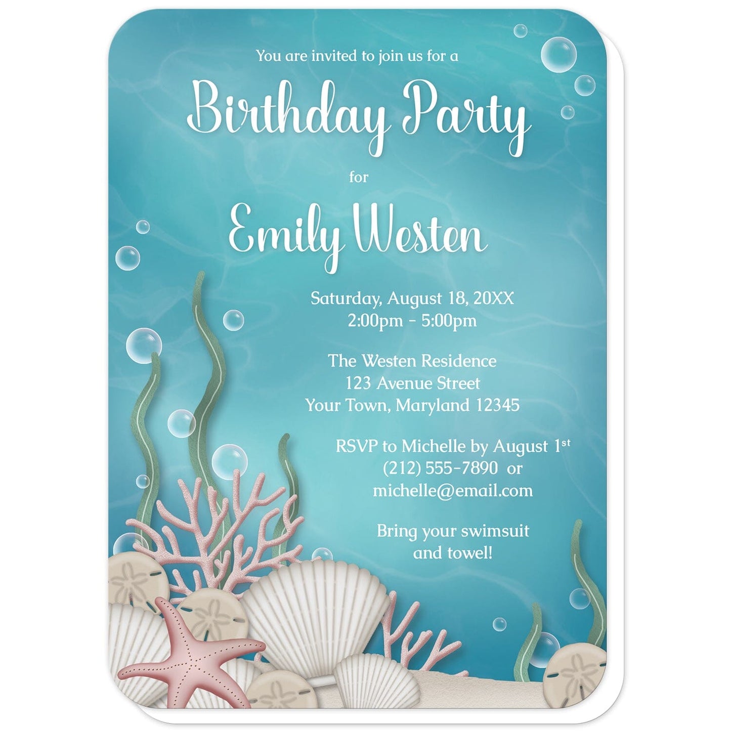 Whimsical Under the Sea Birthday Party Invitations (with rounded corners) at Artistically Invited. Beautifully illustrated whimsical under the sea birthday party invitations with an under the sea or aquarium theme. They are designed with a sandy seabed, assorted seashells, bubbles, coral, and kelp with an underwater aqua blue water background. Your personalized birthday party details are custom printed in white over the water background.