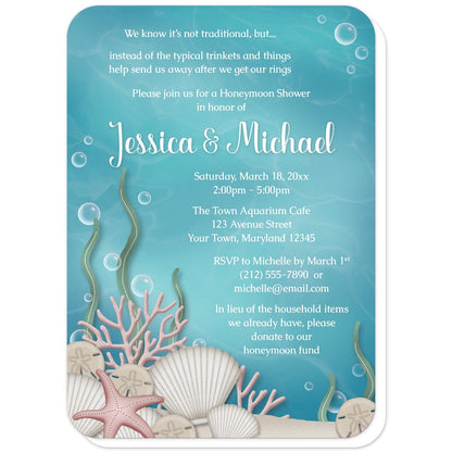 Whimsical Under the Sea Honeymoon Shower Invitations (with rounded corners) at Artistically Invited. Uniquely illustrated whimsical under the sea honeymoon shower invitations with an under the sea or aquarium theme. They are designed with a sandy seabed, assorted seashells, coral, and kelp over an aqua blue water background sprinkled with some whimsical bubbles. Your personalized honeymoon shower celebration details are custom printed in white over the underwater background.