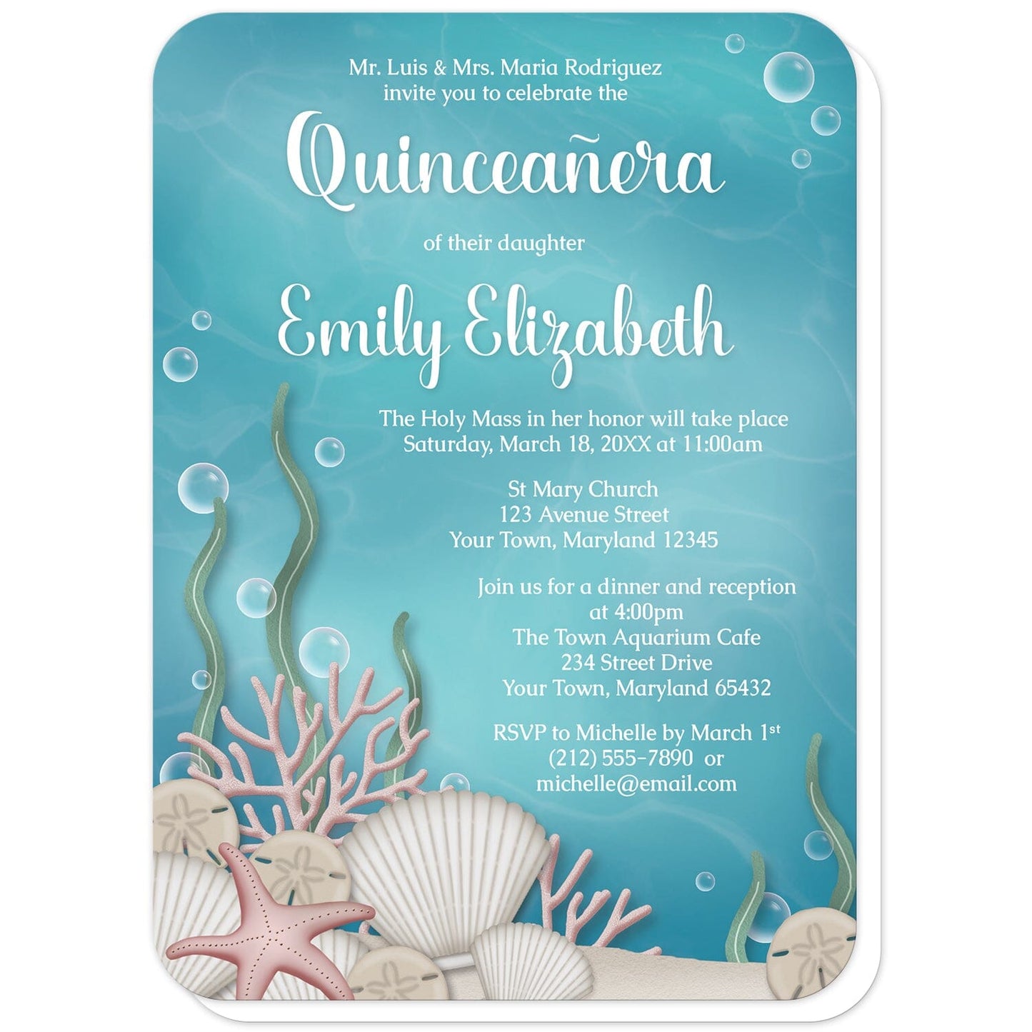 Whimsical Under the Sea Quinceañera Invitations (with rounded corners) at Artistically Invited. Beautifully illustrated whimsical under the sea Quinceañera invitations with an under the sea or aquarium theme. They are designed with a sandy seabed, assorted seashells, bubbles, coral, and kelp with an underwater aqua blue water background. Your personalized 15th birthday celebration details are custom printed in white over the water background.