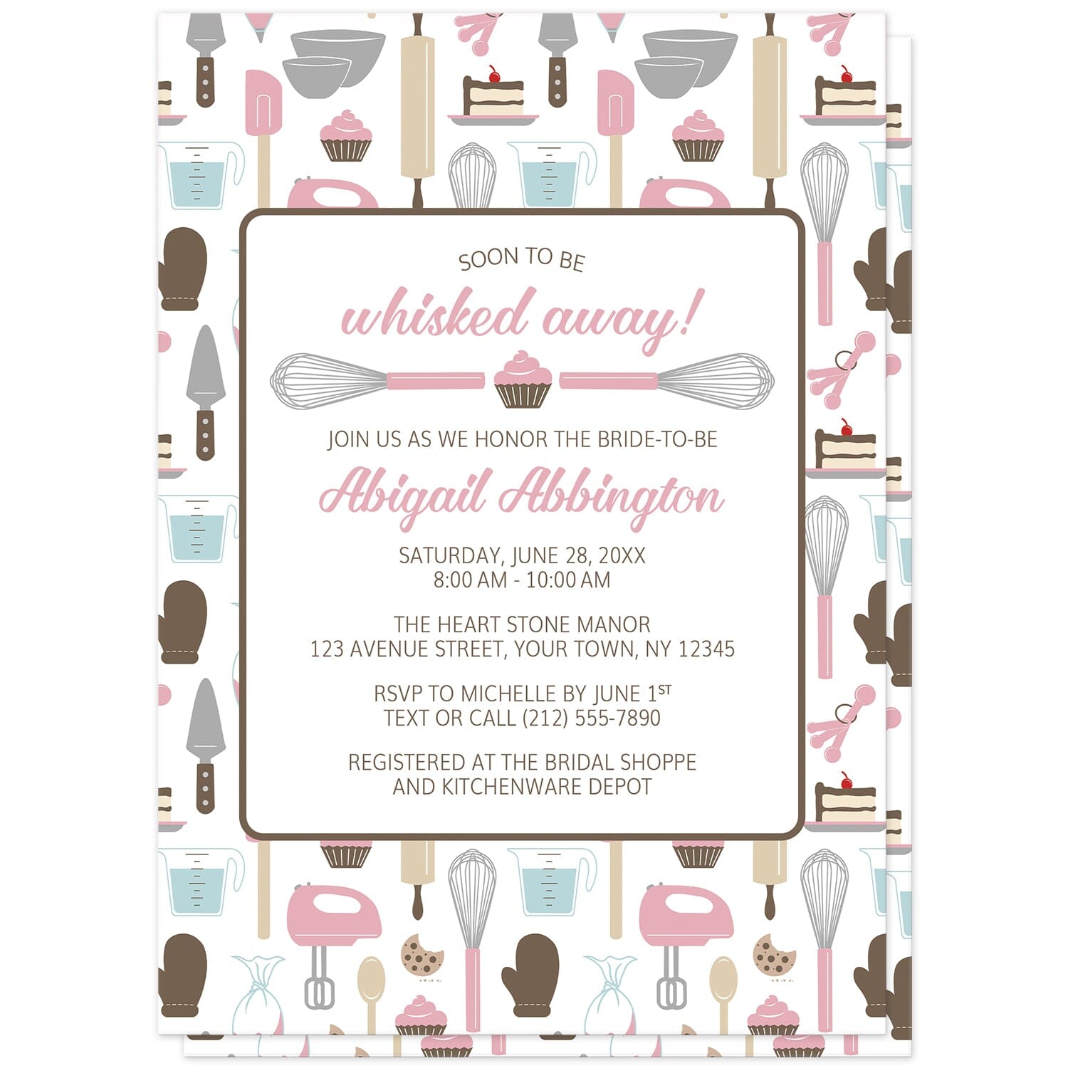 Whisked Away Pink Baking Bridal Shower Invitations at Artistically Invited. Invitations designed with a cute pattern of baking tools in a pink, brown, beige, and gray color scheme. It includes baking kitchen tools such as whisks, mixers, measuring cups and spoons, spatulas, wooden spoons, and more. Don't miss the sweet additions of cupcakes, cookies, and a slice of cake. Your personalized bridal shower celebration details are arranged in pink and brown on white over the pink baking pattern.