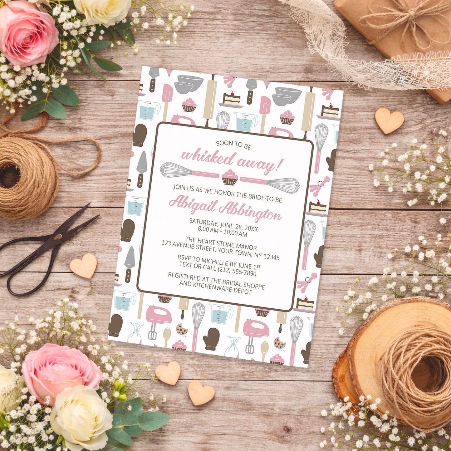 Whisked Away Pink Baking Bridal Shower Invitation with rustic decor on a wooden surface